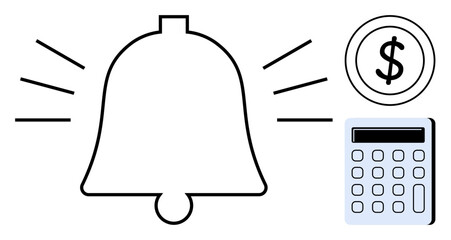 Bell symbol rings with dollar coin and calculator, suggesting financial alerts, budgeting, finance planning, or reminders. Ideal for finance, accounting, notifications, money management savings