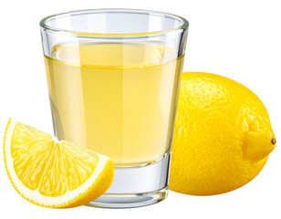 Shot glass of yellow liquid with lemon slice and whole lemon