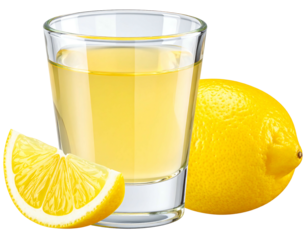 Shot glass of yellow liquid with lemon slice and whole lemon