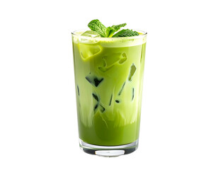 Iced matcha beverage with mint garnish
