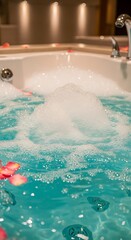 A tranquil spa tub filled with bubbly, turquoise water, adorned with floating rose petals, creating a relaxing atmosphere.