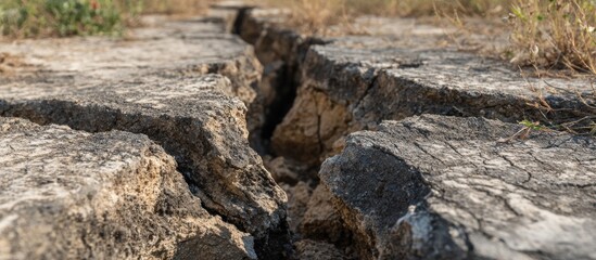 Close-up of a deep crack in the ground, revealing the earth's layers and textures.