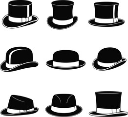 Set of vintage black and white hats, top hat, bowler, fedora, formal headwear icons, fashion accessories, vector illustration, classic style design