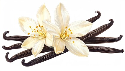 Two creamy vanilla blossoms nestled amongst several dark brown, cured vanilla bean pods, isolated on white