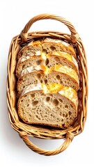 Four slices of artisan bread, airy crumb, lightly golden crust, nestled in a rustic wicker basket, isolated on white
