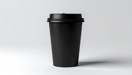 A matte black, disposable paper coffee cup with a dark lid sits on a plain white background