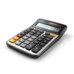 Modern electronic calculator with display showing numbers, finance, accounting, and business concepts. isolated on white background