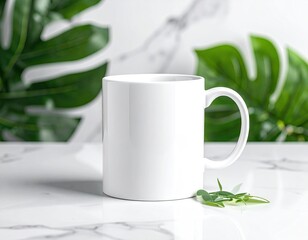 A plain white mug sits on a marble surface, flanked by lush green foliage, creating a clean, minimalist aesthetic