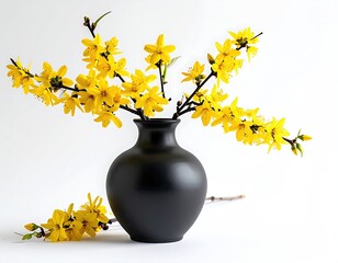 A dark matte vase holds vibrant yellow flowering branches against a stark white background; a small cluster of blossoms rests nearby