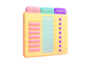 Colorful 3D-style chart showing species, habitats, and counts in pastel tones, isolated on clean white background, concept of science data. Ai generative