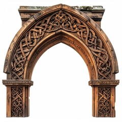 Ornate, weathered wooden archway with intricate Celtic knotwork carvings, showing signs of age and wear, set against a white background