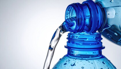 Clear water pours from a blue plastic bottle into another, condensation visible