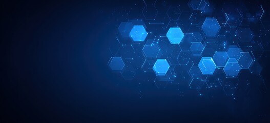 Abstract dark blue background with glowing hexagonal shapes interconnected by thin lines and small dots, evoking technology or science