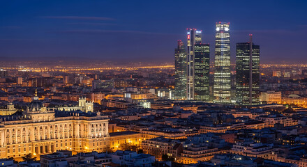 Naklejka premium Realistic Madrid Skyline Night with Royal Palace Glow