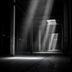 Sunlight streams through a vast, industrial hall, illuminating dust motes and highlighting the concrete columns.