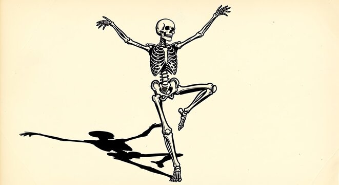 A stylized skeleton, dynamic and dancing, casts bold shadows against a pale background. - Powered by Adobe