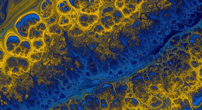 Abstract blue and yellow fluid art texture resembling a vibrant ocean or cosmic landscape