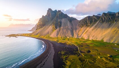 Aerial view captures a coastline's dark beach meeting the ocean, flanked by mountains and vibrant green landscapes under a sunset sky