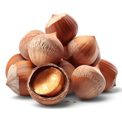 Obraz premium Pile of fresh hazelnuts with one cracked open, showcasing the kernel, natural food photography isolated on white background