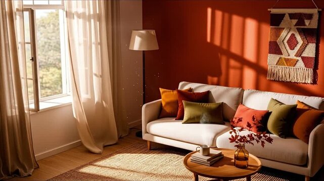 Autumnal living room with cream sofa orange wall and sunlit window