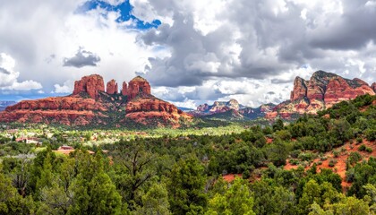 Panoramic shot of red rock formations & lush greenery under a dramatic cloudy sky. Iconic Southwestern US landscape scene