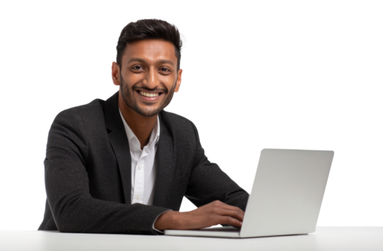 PNG Young Indian man with a laptop happy professional business.