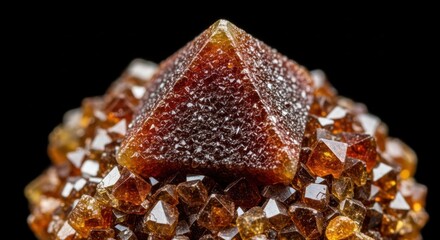 Macro photograph of a raw spessartine garnet crystal cluster.