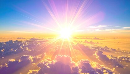 Radiant sunlight bursts through fluffy clouds from above in this ethereal, vibrant sky scene, painted with shades of blue and gold