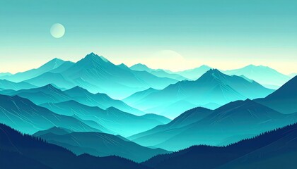 Digital illustration displaying a misty, layered blue mountain range under a pale sky with a circular light element
