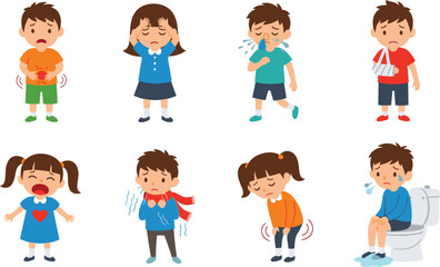 Cartoon children with different sickness symptoms, headache, stomach pain, cough, flu, fever, injury, diarrhea, healthcare, medical illustration, illness