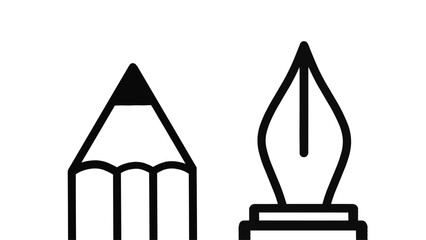 Simple line art illustration of a pencil and fountain pen, representing writing and creativity