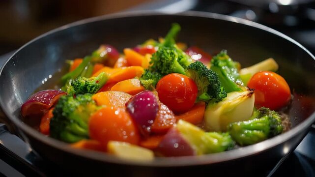 Colorful fresh vegetables sizzling in frying pan on stovetop close-up