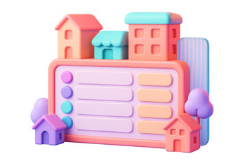 Cute 3D interface with pastel buildings and trees, isolated on white background, clean layout concept for social media or creative design. Ai generative