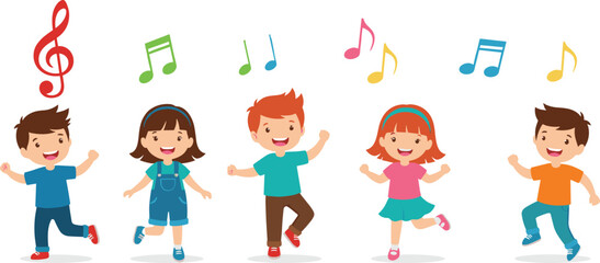 Happy children dancing with colorful musical notes, cartoon kids enjoying music, group activity, fun learning, rhythm movement, music education, joyful play