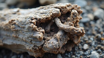 Close-up of weathered driftwood with textured bark and pebbles