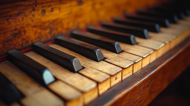 Close-up of vintage piano keys showing wear and texture