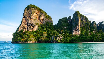 Tropical limestone cliffs meet turquoise water