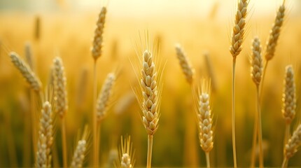 Close-up of a ripe wheat ear in a golden field at sunset