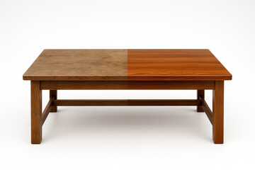 Modern wooden coffee table showing before and after refinishing, split surface highlighting restoration process