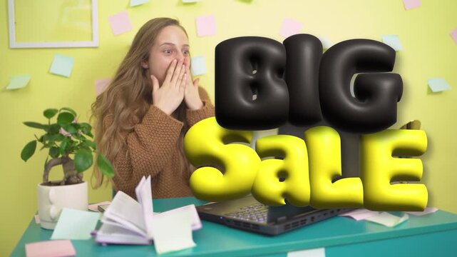 Big Sale Sign and Excited Woman Bright Yellow Office Desk