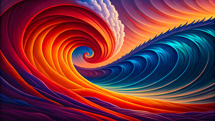 Dynamic swirling wave with vibrant sunset hues and crashing foam creates a powerful, energetic abstract visual for dynamic projects