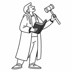 Judge man court worker character standing and holding book and hammer. Low justice people protection concept flat cartoon design graphic isolated illustration