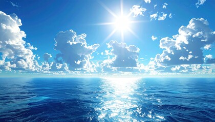 Vibrant seascape featuring rolling waves, puffy clouds, and a brilliant sun shining in a clear blue sky, creating a tranquil scene