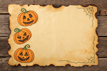 Three hand drawn cartoon jack o lantern pumpkins smiling on a burnt aged parchment paper with spider webs on a rustic wooden background for halloween