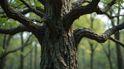 Close-up of a gnarled, ancient tree trunk with thick, textured bark and spreading branches in a soft-focus forest setting.