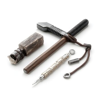 Disassembled steampunk raygun components with wood, metal, and leather detailing, isolated on white.