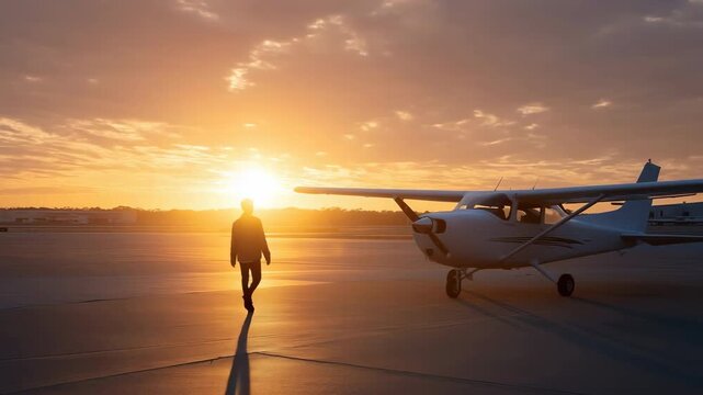 Silhouette of male walking towards small aircraft on runway at sunset