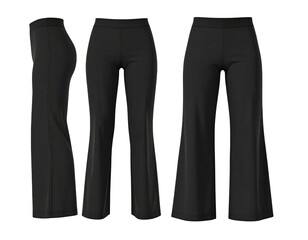 Three-view illustration of black flared pants