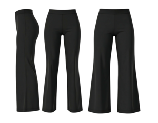 Three-view illustration of black flared pants