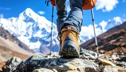 Hiker's perspective on rugged terrain, majestic snow-capped mountain backdrop and vibrant blue sky. Focus on boots and hiking poles